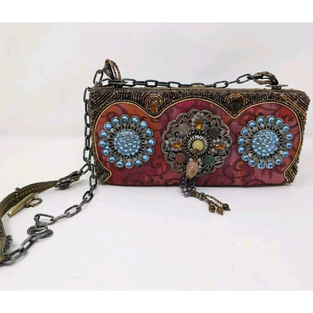 Vtg Mary Frances Shoulder Handbag Multimedia Multicolor Ornate Tiger Eye As Is - Picture 1 of 8